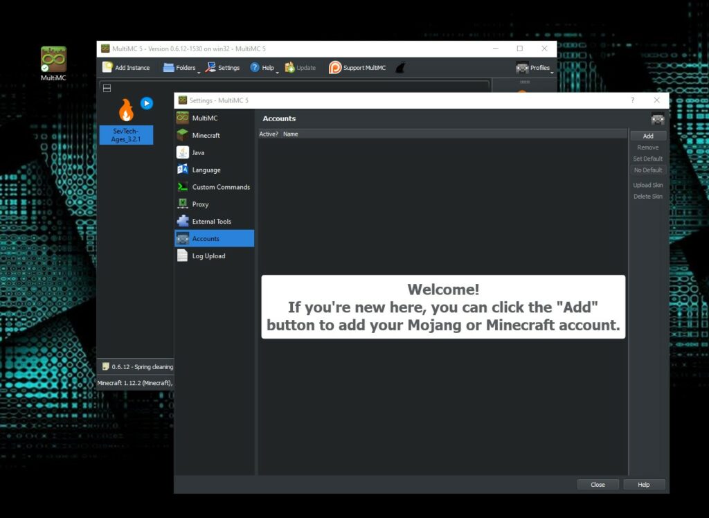 Sevtech Ages: MultiMC Add Account